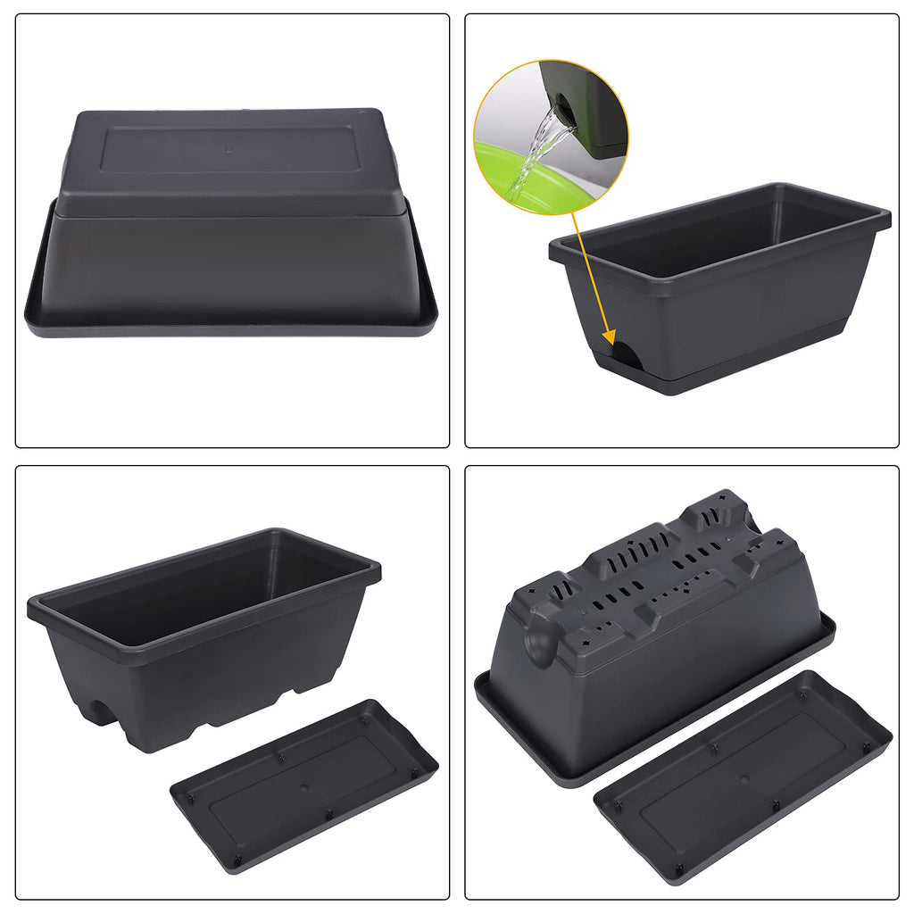 Rectangular Window Boxes with Trays, 3 Packs Modern Vegetable Planters, 13.8Inch Plastic Flower Boxes Container for