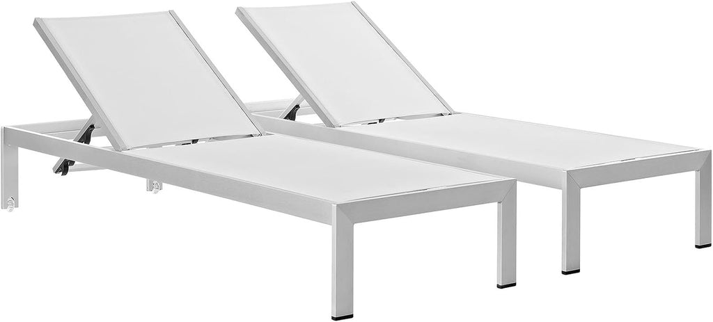 Shore Aluminum Textilene Mesh Outdoor Patio Two Poolside Chaise Lounge Chairs in Silver White