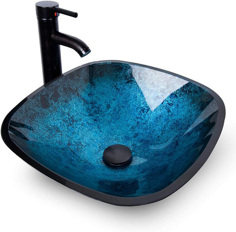 Artistic Square Bathroom Sink Blue Tempered Glass Vessel Sink Combo with Faucet 1.5 GPM and Pop up Drain Bathroom Bowl