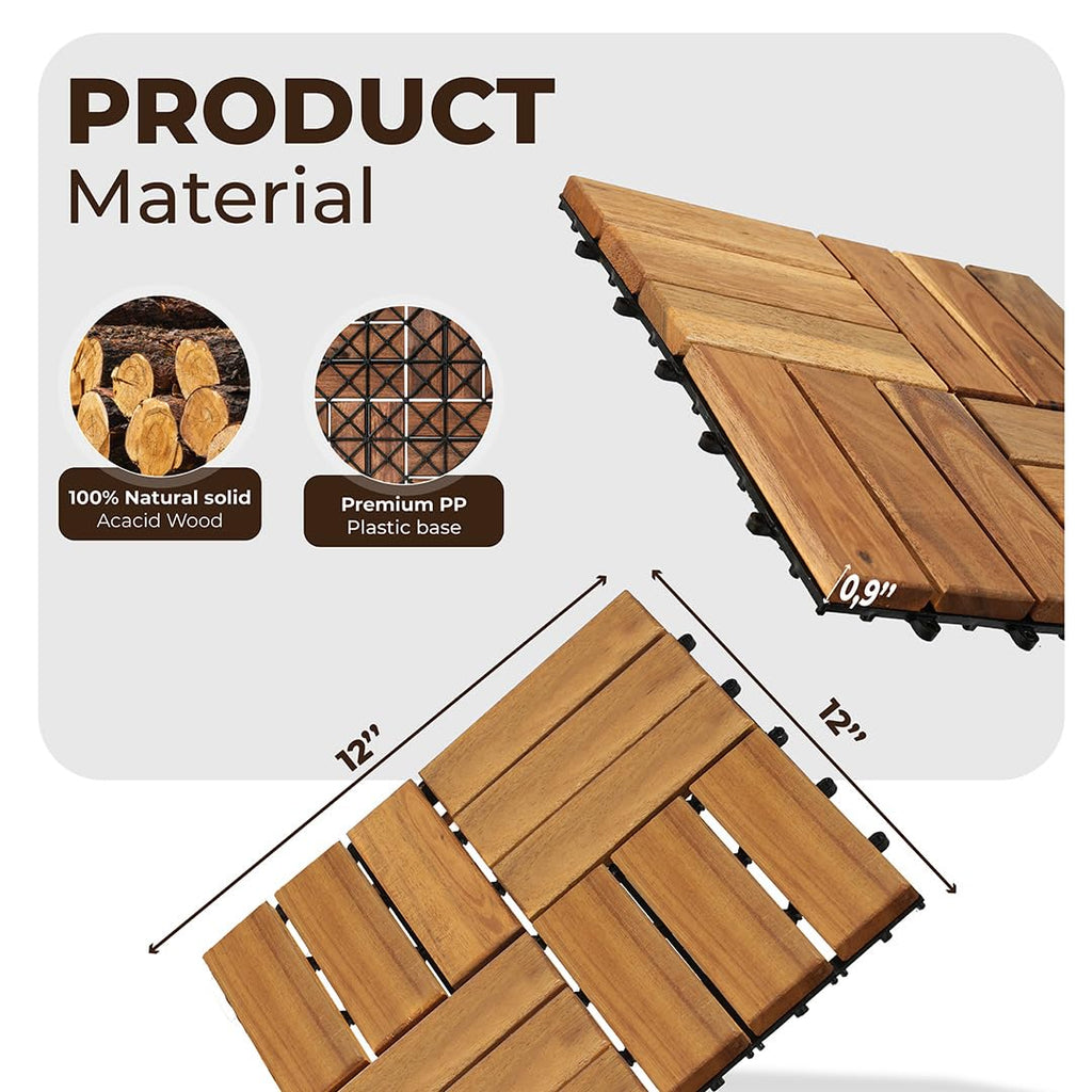 Premium Acacia Wood Interlocking Deck Tiles - Set of 9 pcs, 12"x12", Waterproof Outdoor Patio Flooring