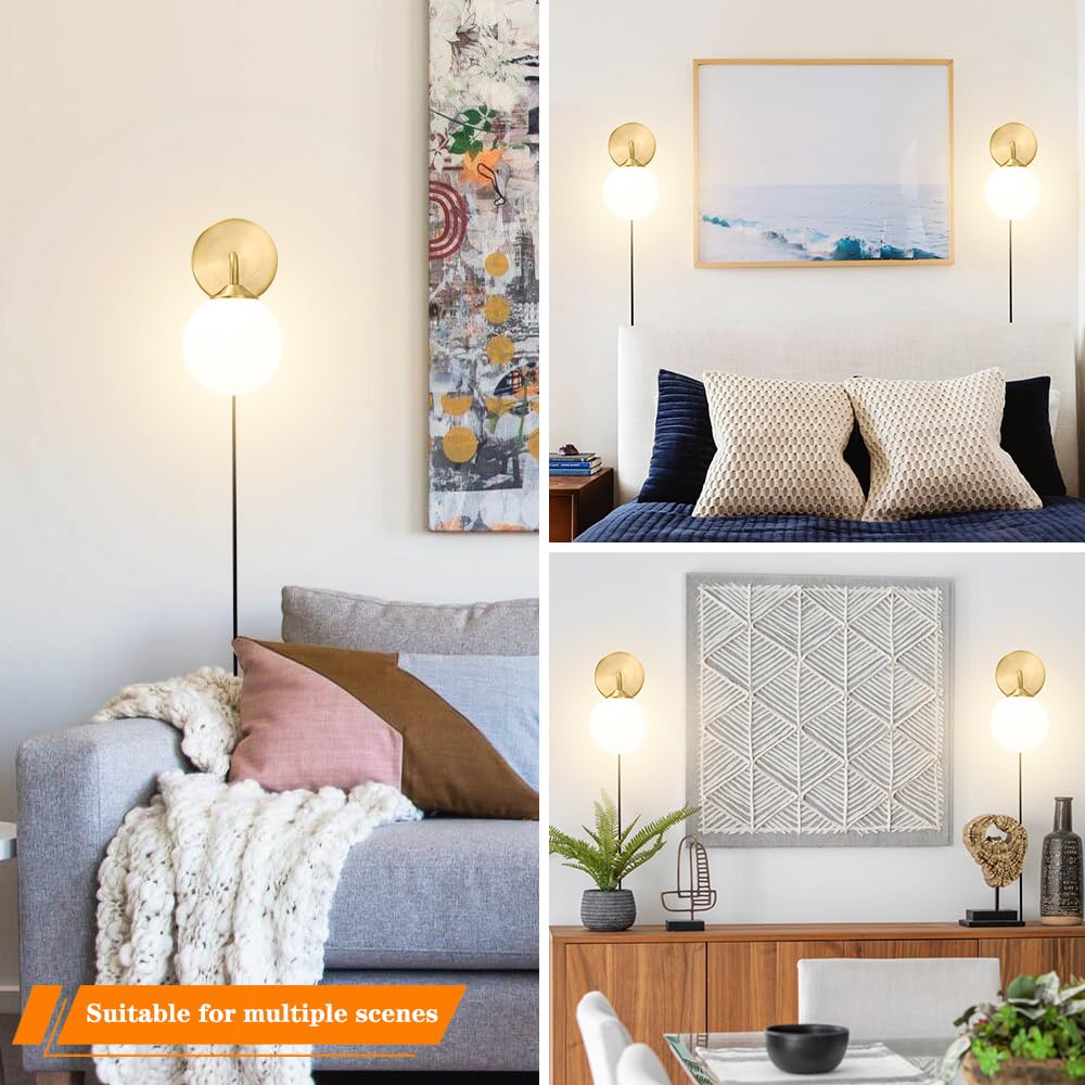 Gold Plug in Wall Sconce Set of 2, Wall Light Fixture with Plug in Cord On/Off Switch, Mid Century Art Deco Wall