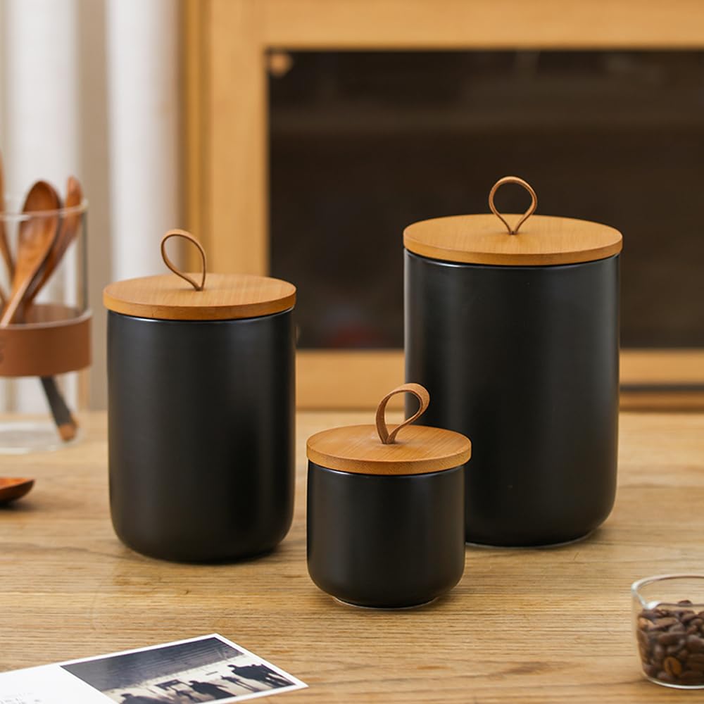 Ceramic Storage Jars, Modern Airtight Canisters with Wooden Lid (Z-three-piece suit in black)