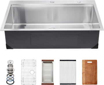 Drop Sink 33 Inch Kitchen Sink Workstation, 304 Stainless Steel Top Mount Sinks, Drop-In Single Bowl with Ledge &