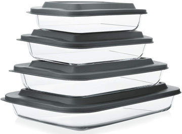 8 Piece Deep Glass Baking Dish with Lids, BPA free, Gray