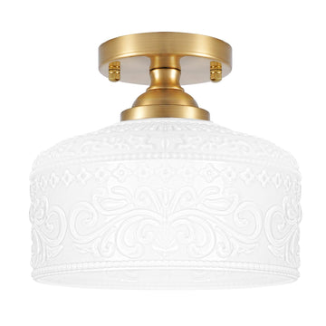 Artistic Gold Handcrafted Semi Flush Mount Ceiling Light - 12 Inch Vintage White Glass Shade with Etched Patterns