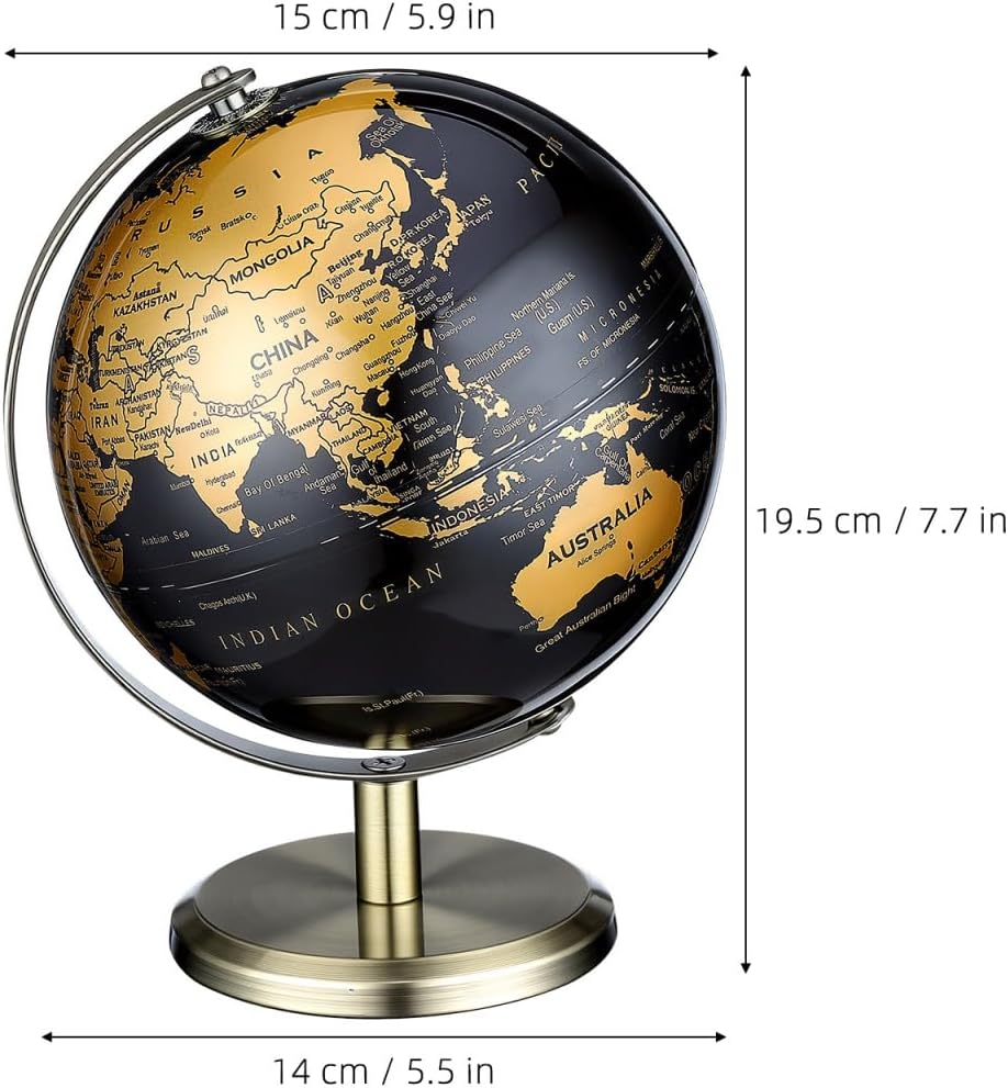 6 Inch Small World Globe, Black Gold Desktop Globe with Antique Bronze Stand, Vintage Metal Geography Map, Elegant
