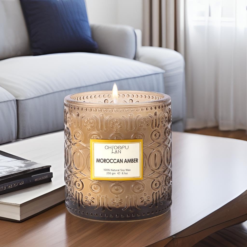 Amber Candles Scented, Gifts for Women & Men, Luxury Glass Jar Candle, Natural Soy Wax, Home Decor, 55 Hours Long