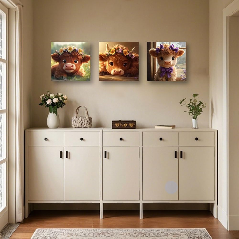 Highland Cow Wall Art Cute Animal Canvas Print 3 Pieces Baby Highland Cow Picture Farm Animal Prints Farmhouse Kids