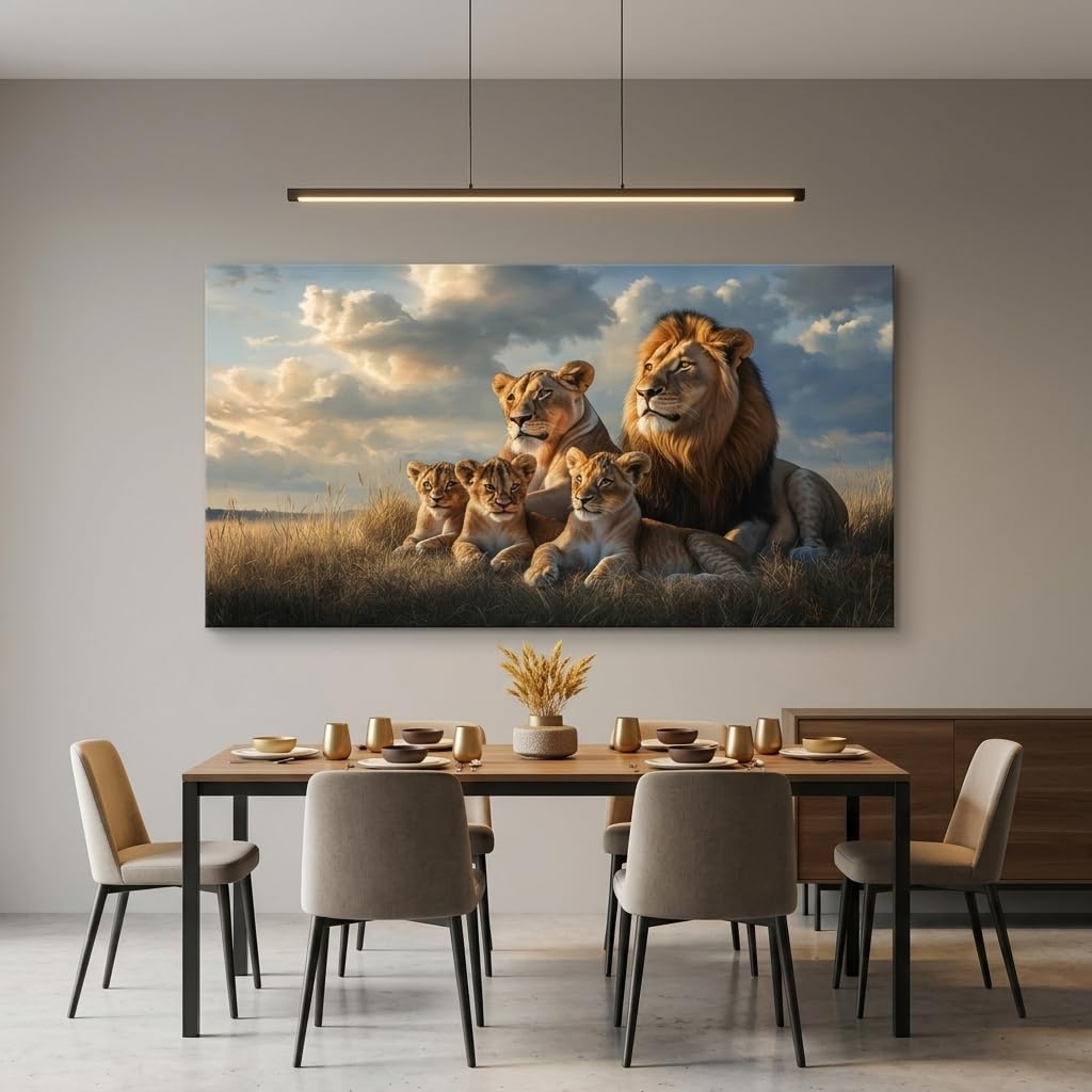 Blue Lion Family Wall Art Modern Canvas Painting Wildlife Landscape Animal Prints Artwork Office Hallway Bedroom
