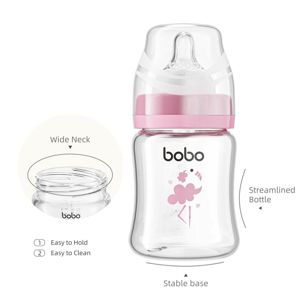 Glass Baby Bottles with Slow Flow Nipple, Newborn Anti-Colic Feeding Bottles for 0+ Months, Wide Neck, Borosilicate