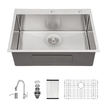 30x22 Inch Drop Sink with Pull-Out Faucet Combo Handmade Large Single Bowl 16 Gauge T304 Stainless Steel Modern Deep