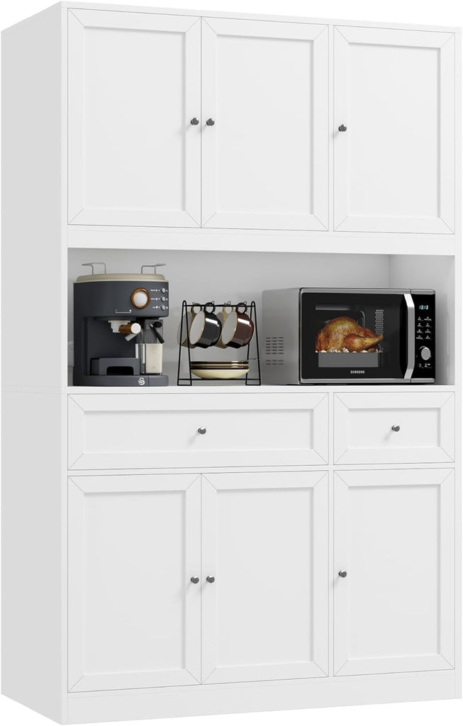 72" Kitchen Pantry Cabinet, Kitchen Hutch with Microwave Stand, Buffet Cabinet with Hutch , White | 2 Drawers, Large