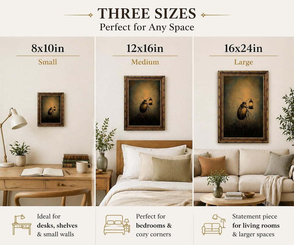 Vintage Gold Framed Wall Art Retro Dark Beetle with Lantern Academia Insect Poster Canvas Print Painting, Farmhouse
