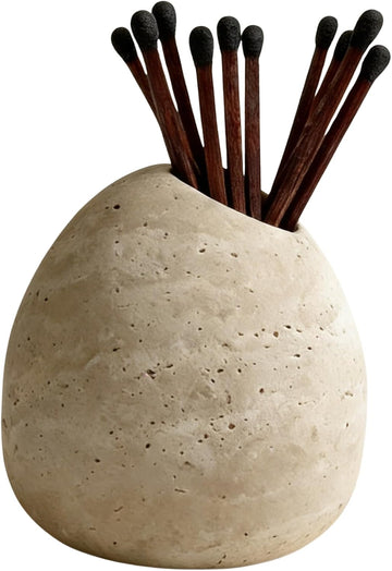 Travertine Match Holder & Extra Striker Pad 3.2in Handmade Stone Match Organizer Matches in a Jar Decorative Cute