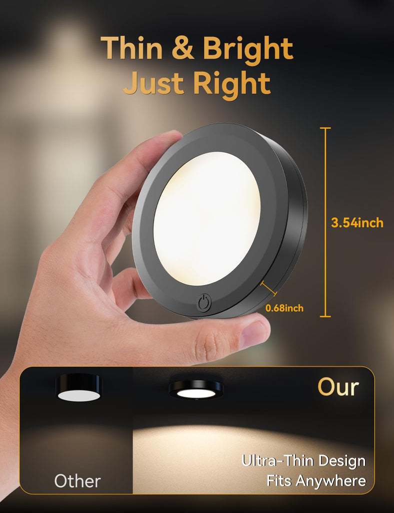 Ultra Thin Puck Lights with Remote, LED Under Cabinet & Closet Lighting Wireless, 3 Color Temps & Dimmable Stick On