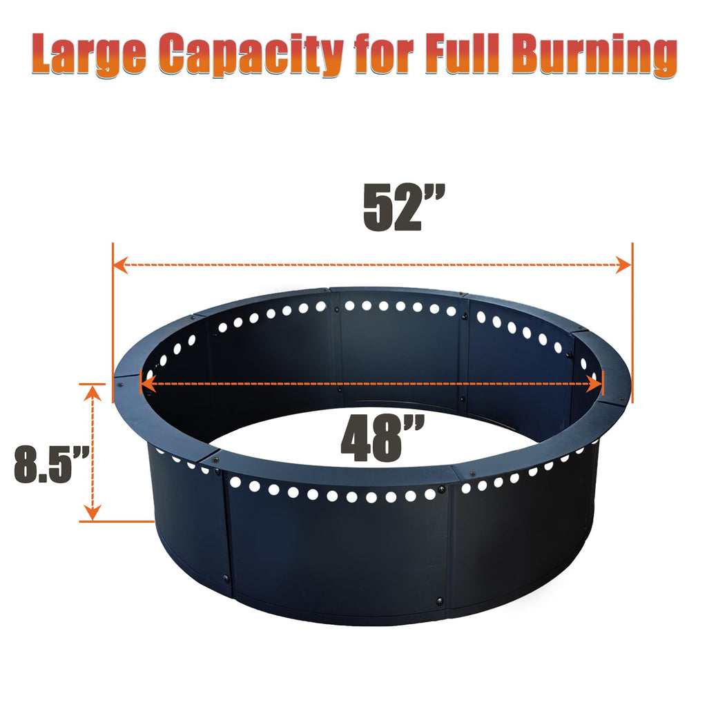 Outdoor 52-Inch Outer/48-Inch Inner Fire Pit Ring Smokeless, Duty Solid Metal Steel Round Firepit Rim Insert for DIY