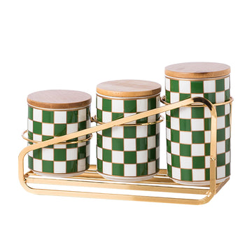 Kitchen countertop ceramic grid pattern airtight jar set - a set of 3 kitchen jars with layered shelves, sealed