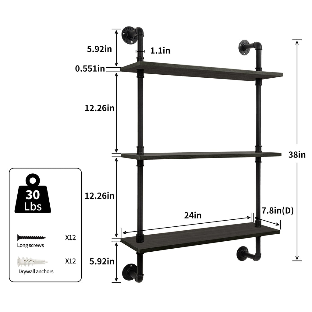 3-Tier Industrial Pipe Floating Shelf - Rustic 24 inch Wood Wall-Mounted Storage Shelf Office, Bathroom & Home Decor