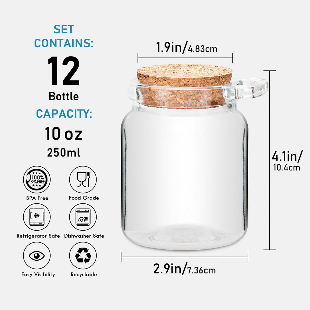10 oz Small Glass Storage Jars with Cork Lids and Spoons, 12 Pack
