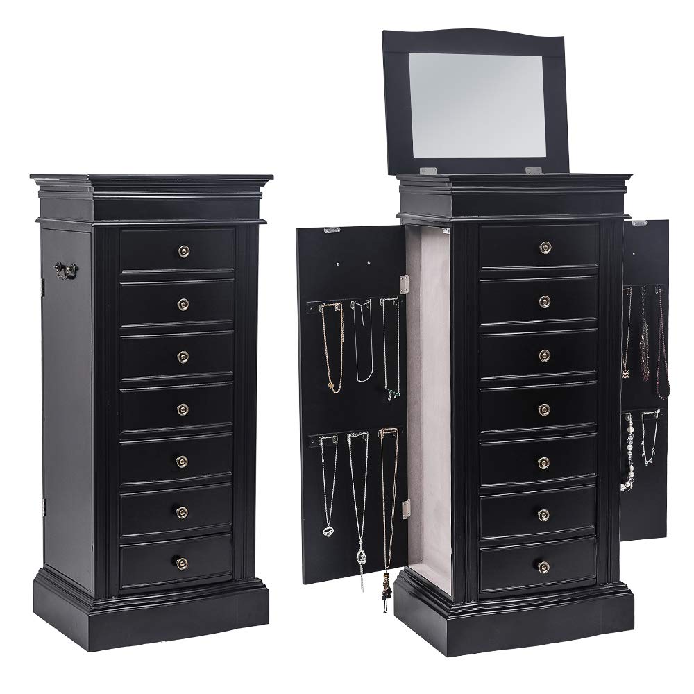 Standing Jewelry Armoire with Mirror, Large Jewelry Cabinet with 7 Drawers, 2 Side Doors with 24 Necklace Hooks