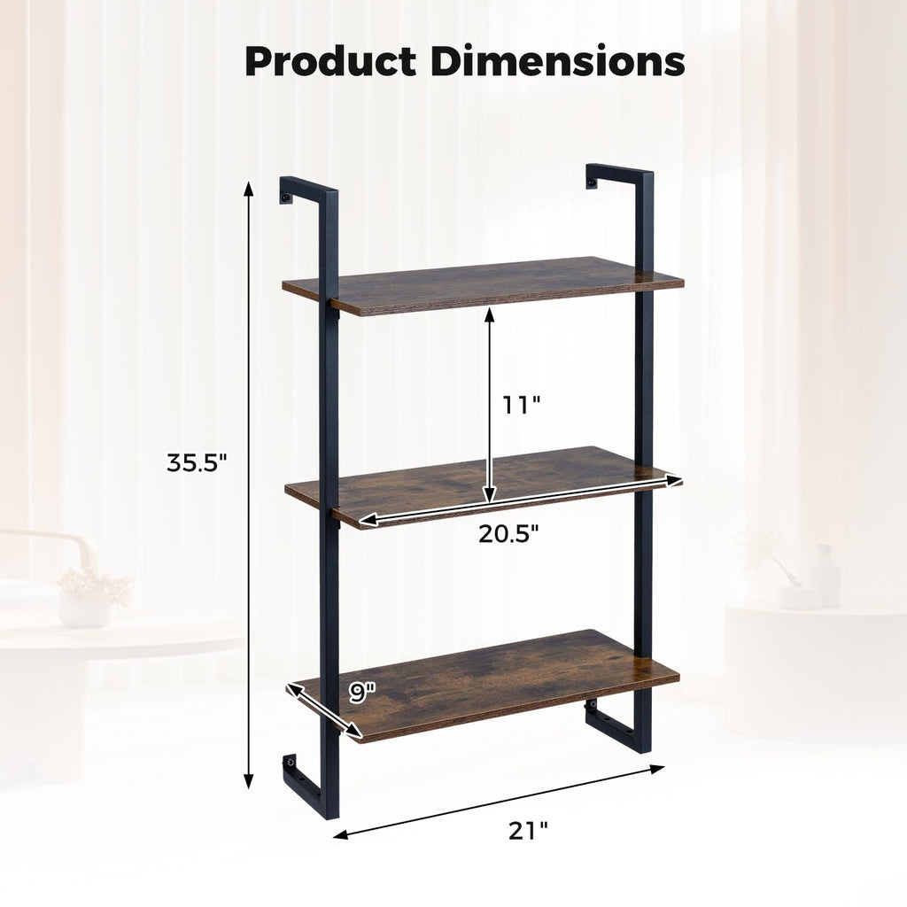 3-Tier Floating Shelves for Wall, Industrial Wall-Mounted Bookshelf