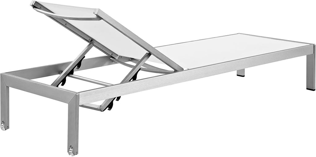 Shore Aluminum Textilene Mesh Outdoor Patio Four Poolside Chaise Lounge Chairs in Silver White