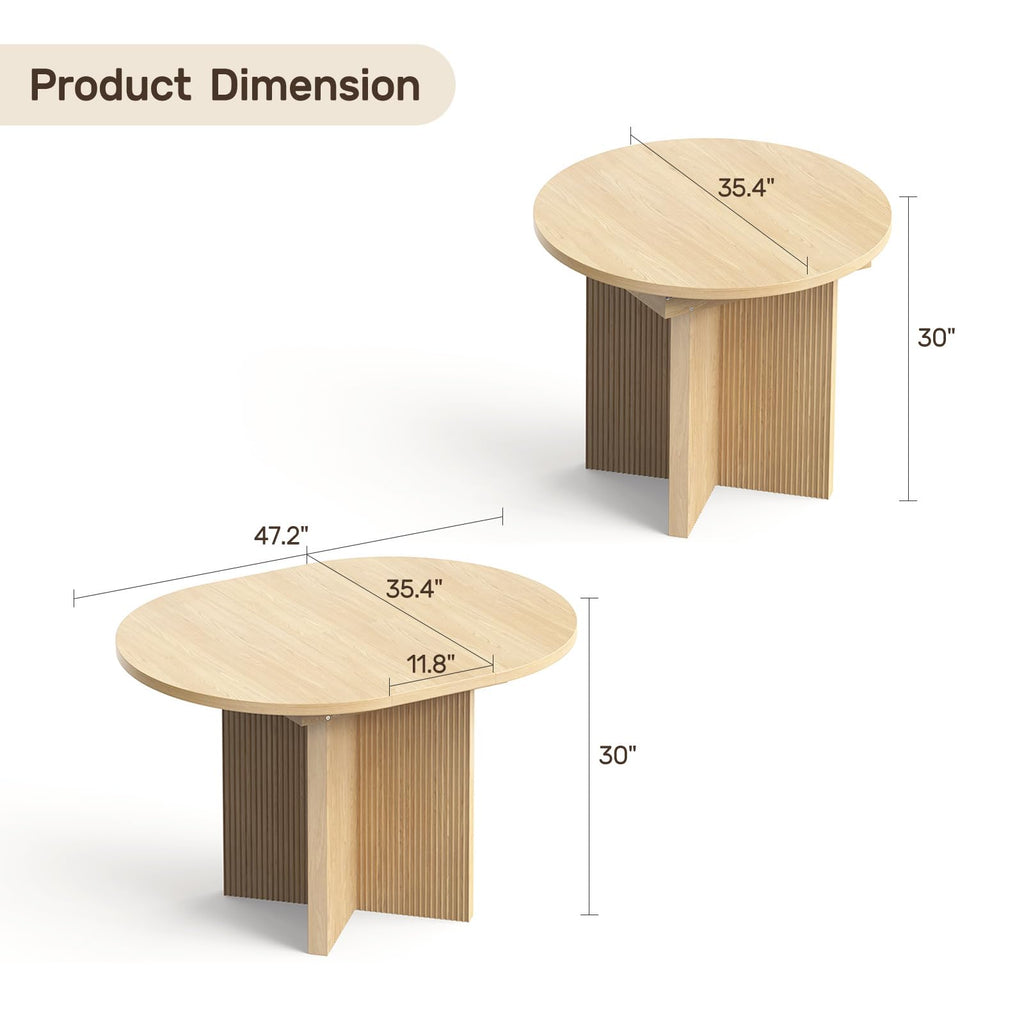 Extendable Dining Table, 35.4" Round to 47.2" Oval Wood Dining Table with Extension Leaf, Modern Expandable Kitchen