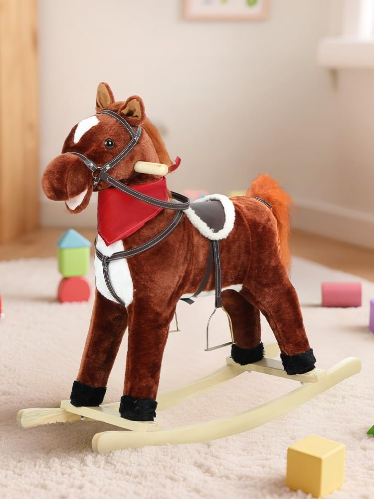 Plush Rocking Horse for Toddlers Age 1-6, Wooden Rocker with Moving Mouth & Wagging Tail, Musical with Sounds, 50kg