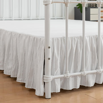 Bed Skirt Queen Size, Ruffled Bed Skirts 14 Inch Drop, White | Striped Boho Tufted, with Split Corners, Easy Fit