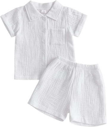 Baby Boy Summer Outfit 2PCS Button Down Shirt Tops + Shorts with Pocket Toddler Infant Triple Cotton Gauze Clothes Set