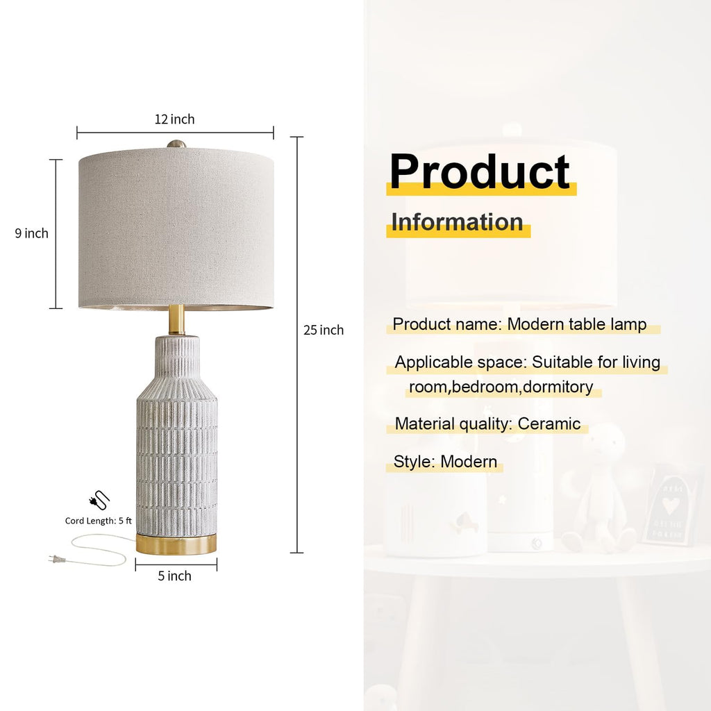 25" Modern Ceramic Lamps Single Table Lamp Bedroom Farmhouse Nightstand Bedside Lamps