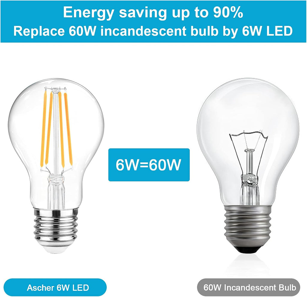 60 Watt Equivalent, E26 LED Filament Light Bulbs, Warm White 2700K, Non-Dimmable, Classic Clear Glass, A19 LED Light