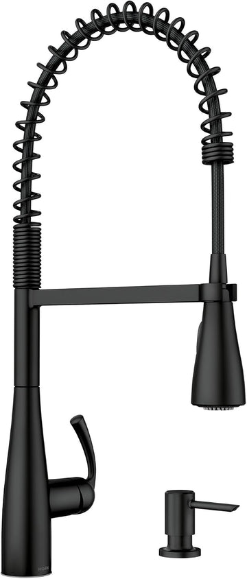 Essie Matte Black One-Handle High Arc Pre-Rinse Spring Pulldown Kitchen Faucet with Power Clean, 87814BL