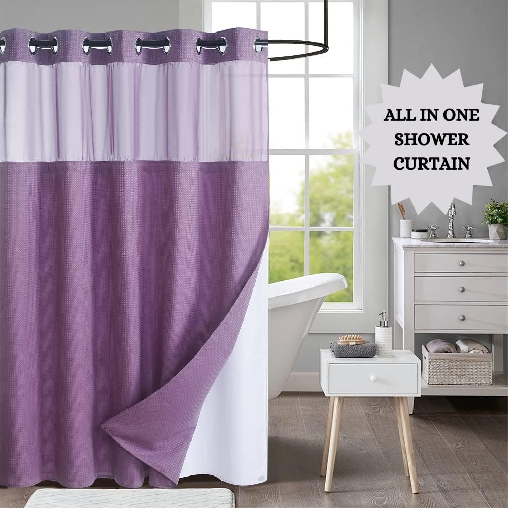 No Hooks Required Shower Curtain with Snap-in Liner Waffle Weave Design, Hotel Grade Style Waterproof & Washable