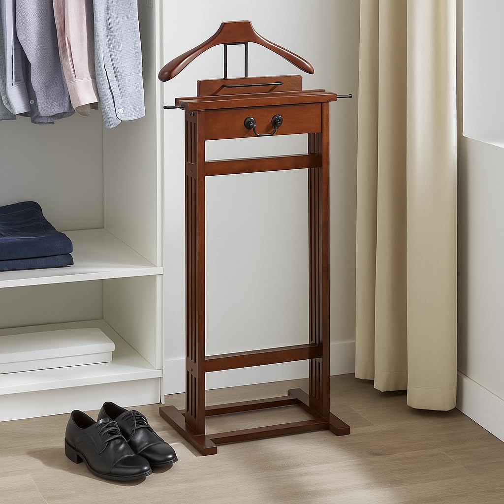 Mission Wardrobe Wood Valet Stand with Drawer, Contour Hanger, Trouser Bar, Tie & Belt Hooks and Shoe Rack