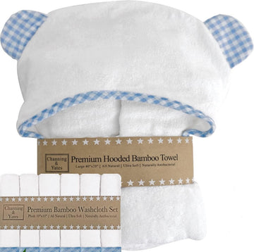 Premium Hooded Baby Towel + (6 Piece) Washcloth Gift Bundle - Organic Viscose Made from Bamboo Baby Towels - (Blue