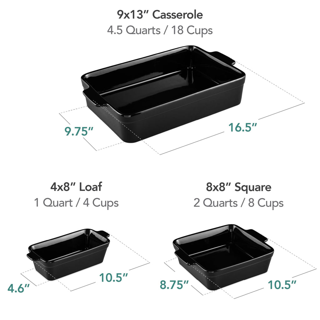 3-Piece Ceramic Casserole Baking Dish Set Black