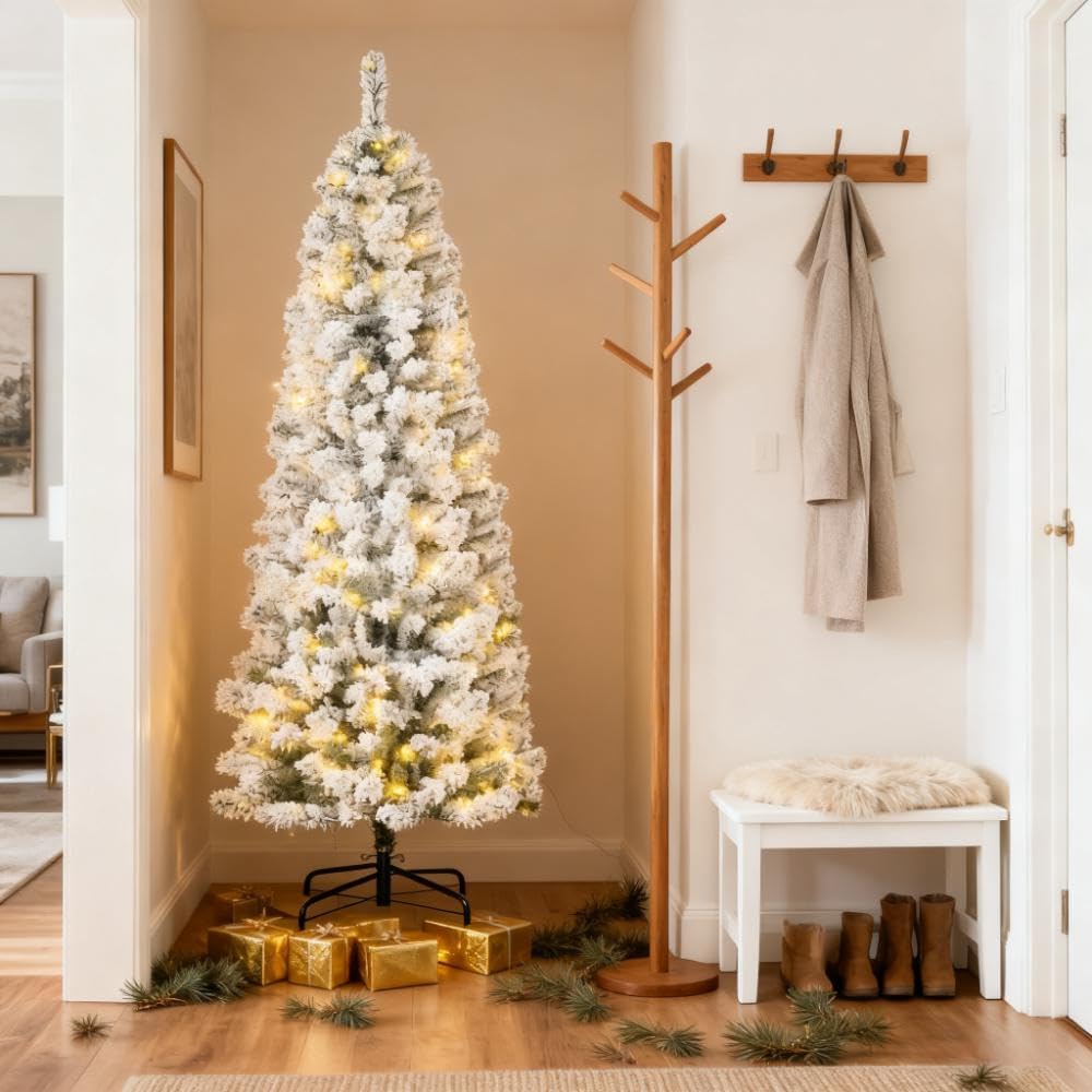 Pre-Lit Snow Flocked Christmas Tree with 250 LED Lights, Easy Assembly