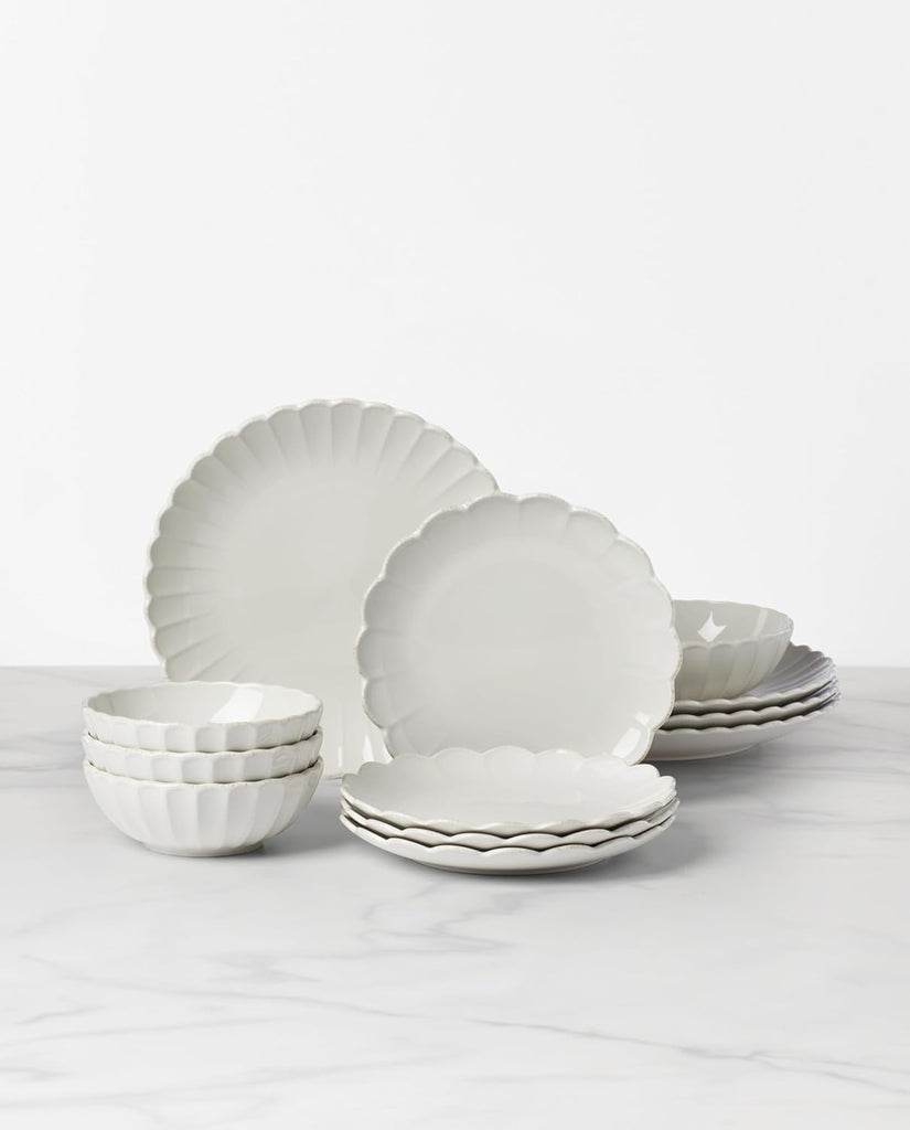 Stoneware Dinnerware Sets, French Perle Scallop White 12-Piece Dinnerware Set for 4, Service For 4