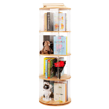360° Rotating Bookshelf, 4-Tier Spinning Book Shelf Tower with Solid Wood & Clear Acrylic, Round Revolving Bookcase