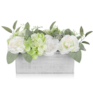 Flower Arrangement with Wooden Vase 10" Artificial Flowers in Pot - Fake Flowers in White Rectangular Wooden Vase