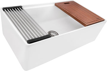 33 inch Fireclay Workstation Kitchen Sink - White Farmhouse Kitchen Sinks - Apron Front Sinks Single Bowl - MADE IN