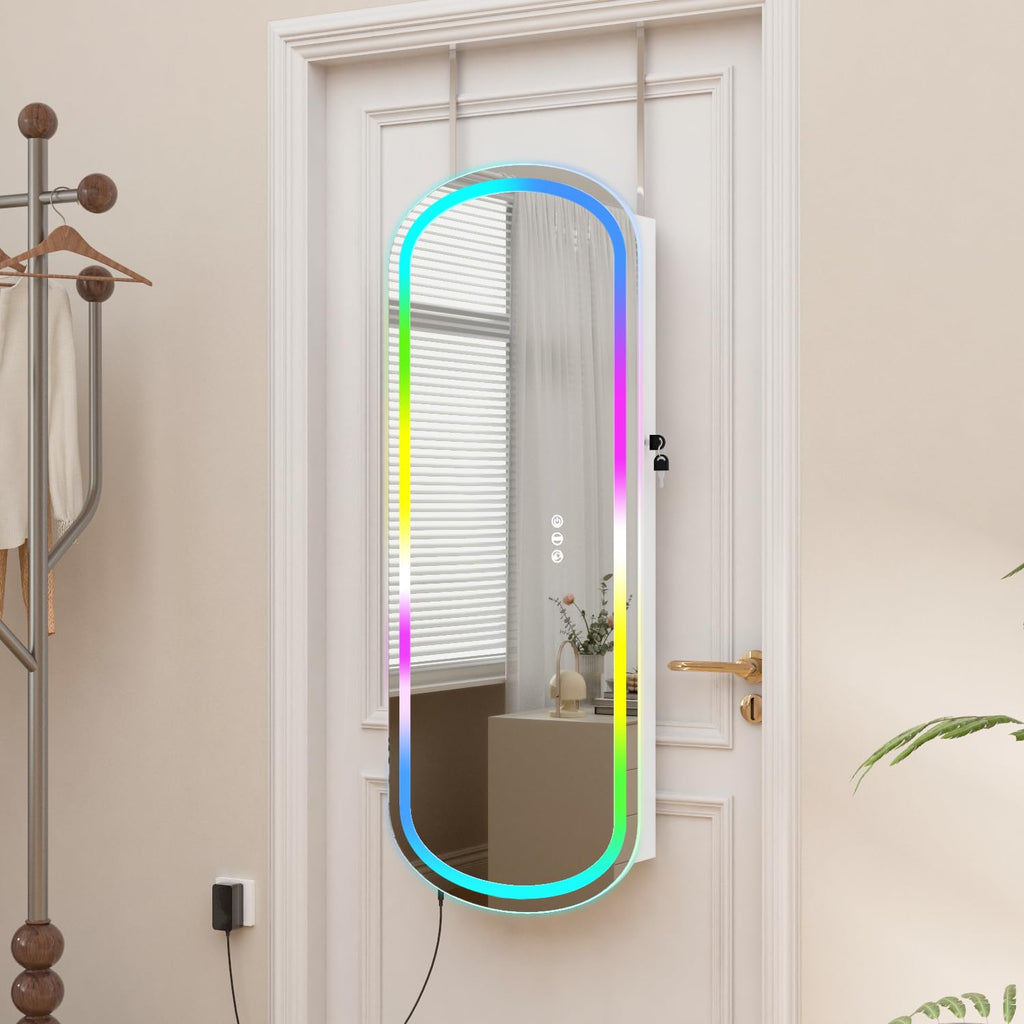 LED Jewelry Cabinet Wall/Door Mounted, RGB Lighted Mirror Jewelry Armoire Organizer Over the Door Full-Length Lockable