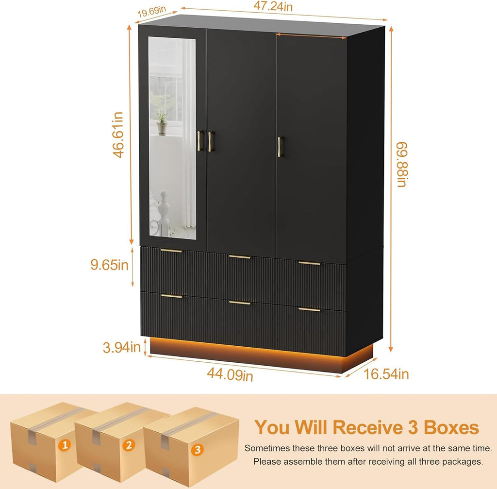 Large Wardrobe Closet, 3 Door Armoire Closet | Mirror and LED Lights, Hanging Rod, Drawers, Armoires and Wardrobes