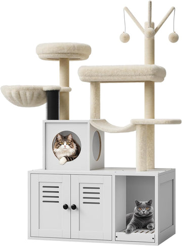 Litter Box Enclosure with Cat Tree Tower and Condo Hidden Cat Washroom