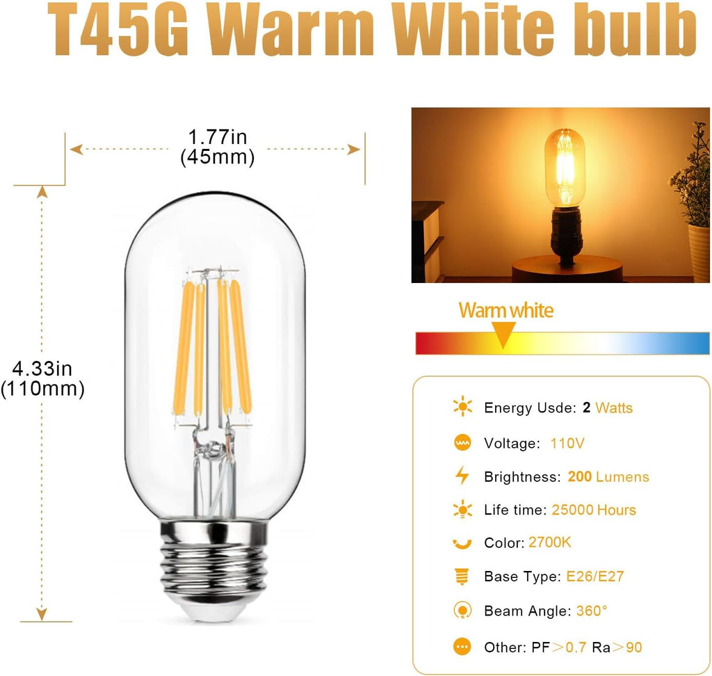 T45 LED Filament Bulb 2W, 20W Equivalent 150 Lumens, E26 Medium Screw Base, Dimmable Vintage Style Bulb, Soft Warm