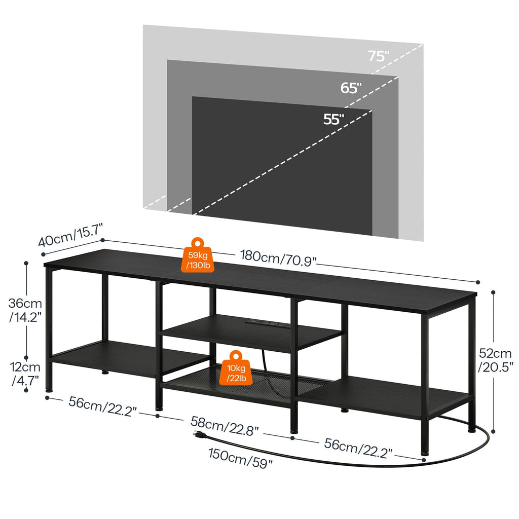 TV Stand with Power Outlets to 75 Inches, TV Console Table with Open Storage Shelves Cabinet, Industrial Media