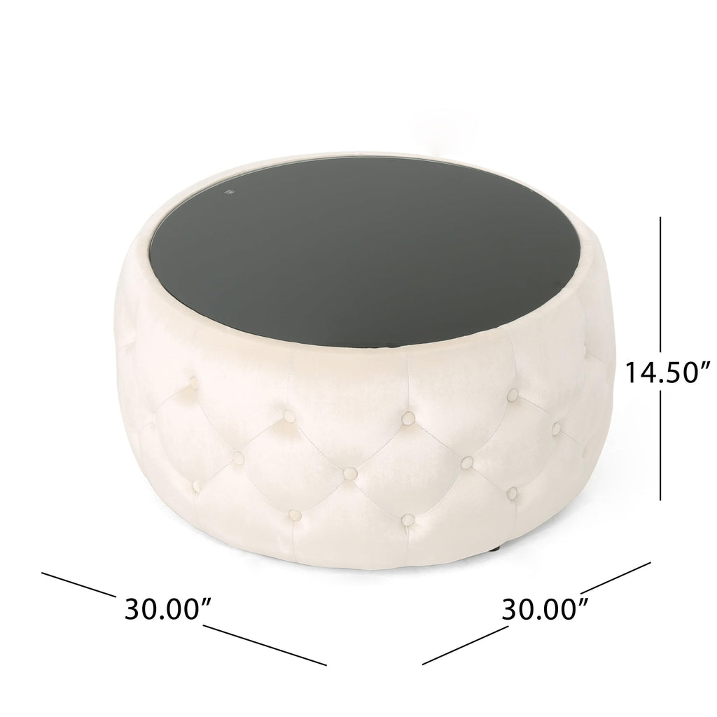 30" Round Velvet Ottoman Coffee Table, Button Tufted Coffee Table with Tempered Glass Top Modern Upholstered Tufted