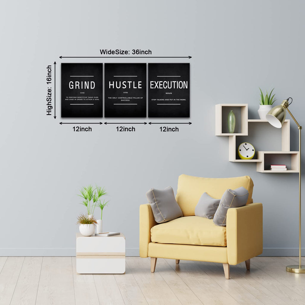 Motivational Wall Decor Grind Hustle Execution Wall Art Office Wall Decor Posters for Men 3 Pieces Framed Canvas Wall