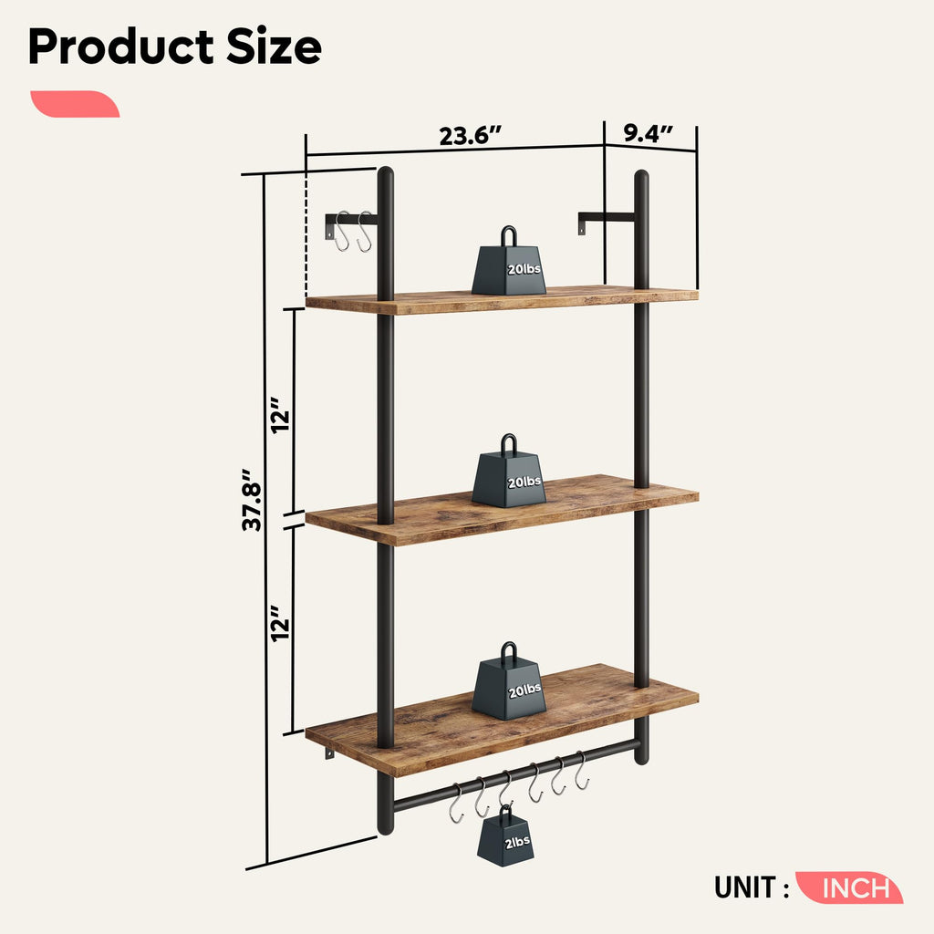 24 Inch 3 Tier Industrial Pipe Shelves with Towel Bar, Rustic Brown